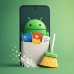 Ilustración 3D de un teléfono móvil con el robot de Android y una escoba limpiando archivos multimedia para liberar espacio de almacenamiento.