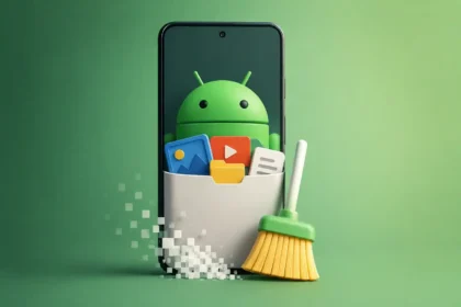 Ilustración 3D de un teléfono móvil con el robot de Android y una escoba limpiando archivos multimedia para liberar espacio de almacenamiento.