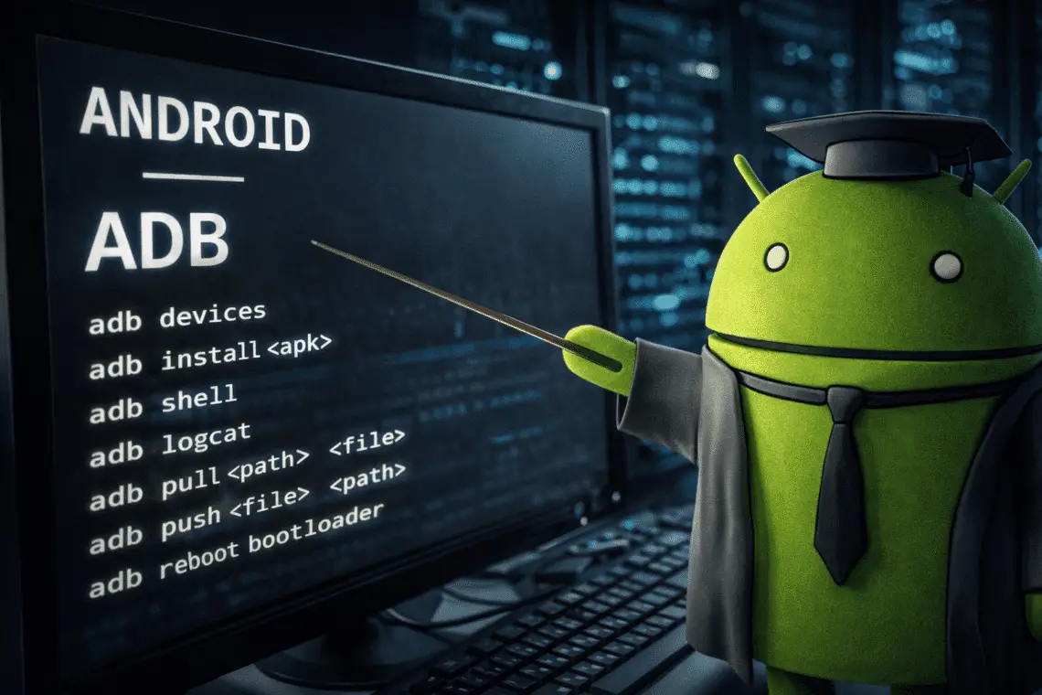 Android mostrando comandos ADB esenciales en pantalla, utilizados con aShell para control avanzado del sistema sin root