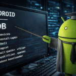 Android mostrando comandos ADB esenciales en pantalla, utilizados con aShell para control avanzado del sistema sin root