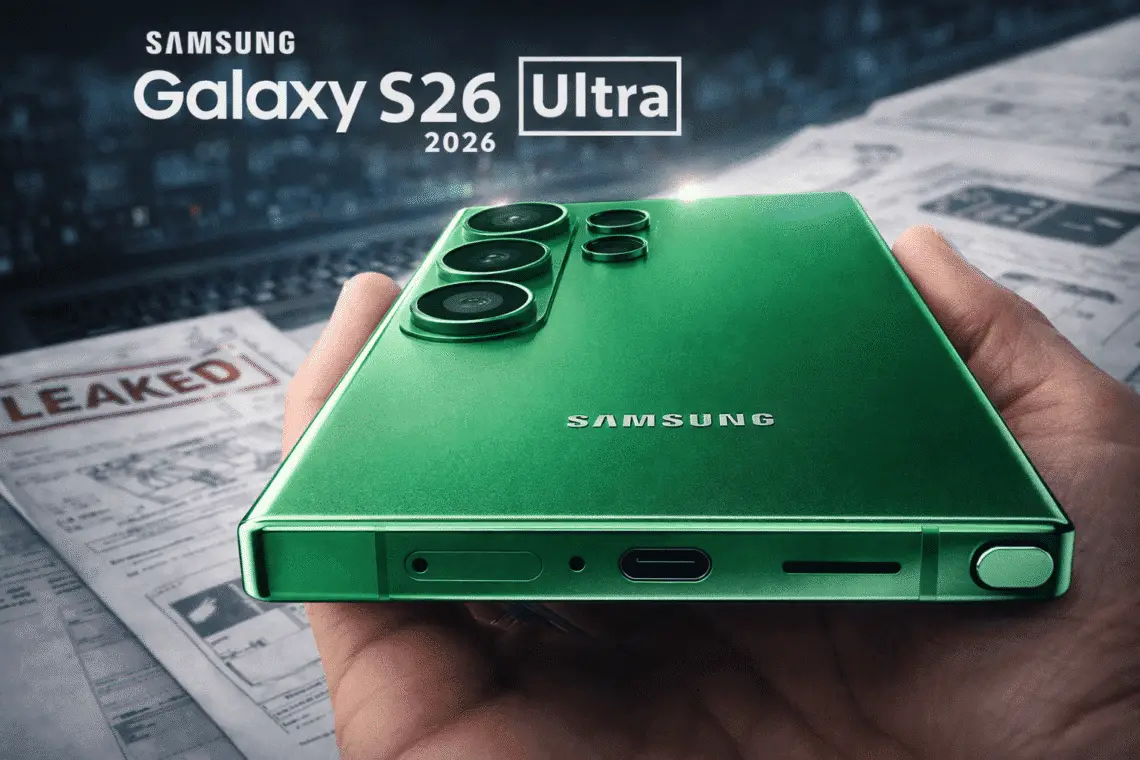 Diseño filtrado del Samsung Galaxy S26 Ultra 2026 mostrando su cuerpo verde, cámaras traseras y nuevo puerto inferior