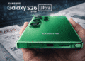 Diseño filtrado del Samsung Galaxy S26 Ultra 2026 mostrando su cuerpo verde, cámaras traseras y nuevo puerto inferior