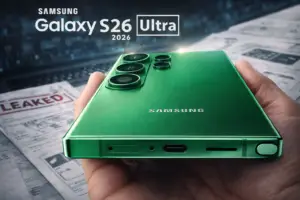 Diseño filtrado del Samsung Galaxy S26 Ultra 2026 mostrando su cuerpo verde, cámaras traseras y nuevo puerto inferior