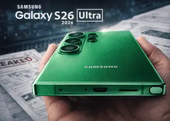 Diseño filtrado del Samsung Galaxy S26 Ultra 2026 mostrando su cuerpo verde, cámaras traseras y nuevo puerto inferior