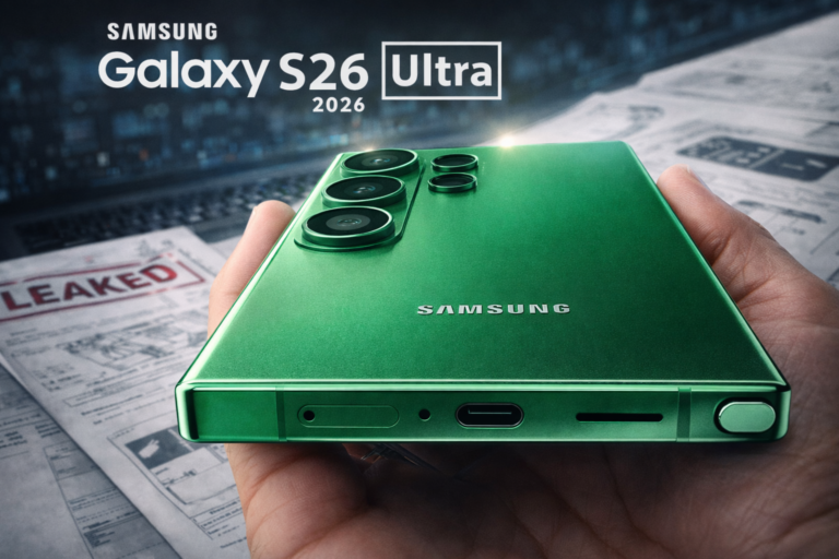 Diseño filtrado del Samsung Galaxy S26 Ultra 2026 mostrando su cuerpo verde, cámaras traseras y nuevo puerto inferior