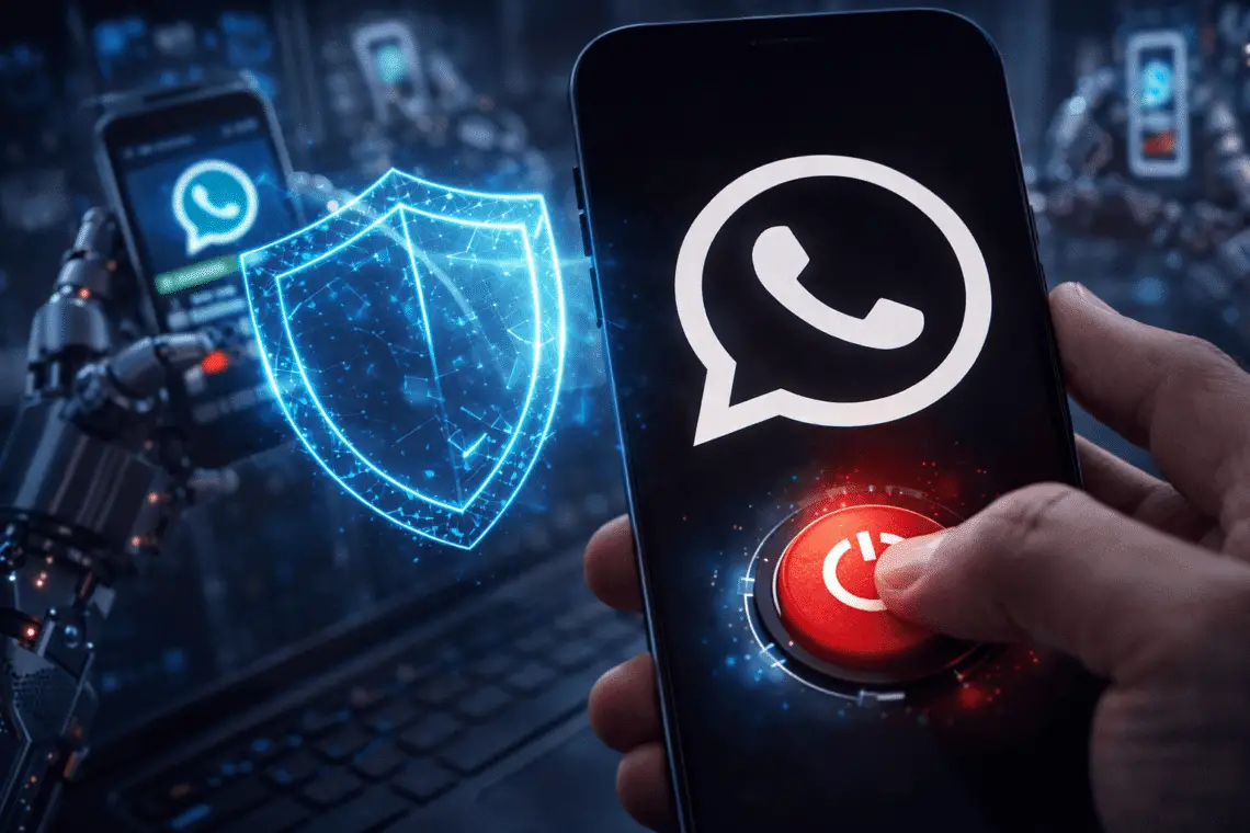 Botón de pánico de WhatsApp activando protección contra capturas de pantalla y clonación por inteligencia artificial