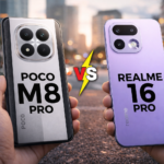 Comparación de dos smartphones mostrando resultados de una prueba tecnológica en pantalla