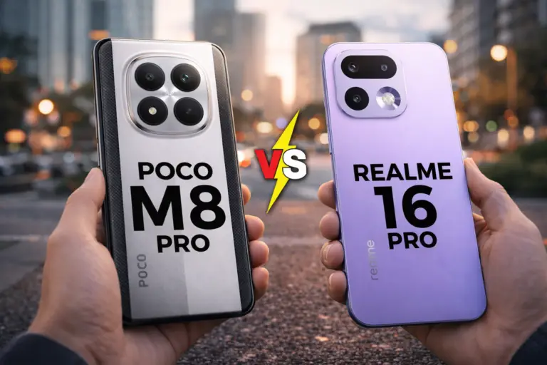 Comparación de dos smartphones mostrando resultados de una prueba tecnológica en pantalla