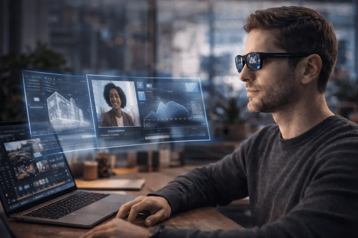 Usuario trabajando con gafas de realidad aumentada que sustituyen el monitor tradicional por interfaces virtuales en 2026
