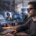 Usuario trabajando con gafas de realidad aumentada que sustituyen el monitor tradicional por interfaces virtuales en 2026