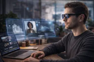 Usuario trabajando con gafas de realidad aumentada que sustituyen el monitor tradicional por interfaces virtuales en 2026