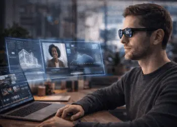Usuario trabajando con gafas de realidad aumentada que sustituyen el monitor tradicional por interfaces virtuales en 2026