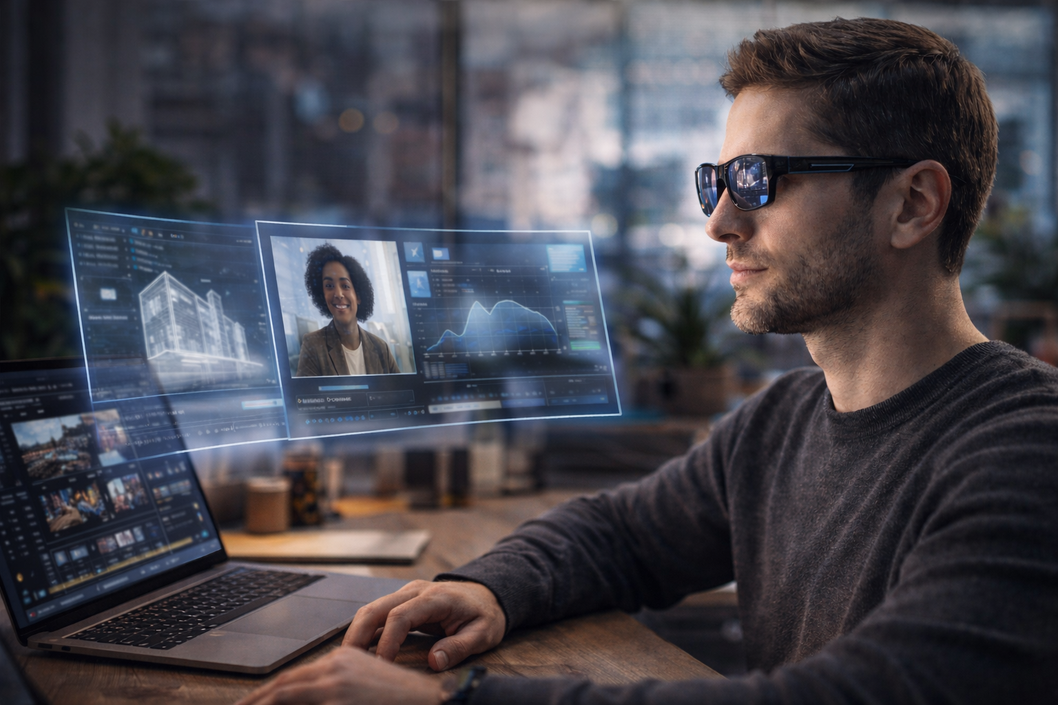 Usuario trabajando con gafas de realidad aumentada que sustituyen el monitor tradicional por interfaces virtuales en 2026