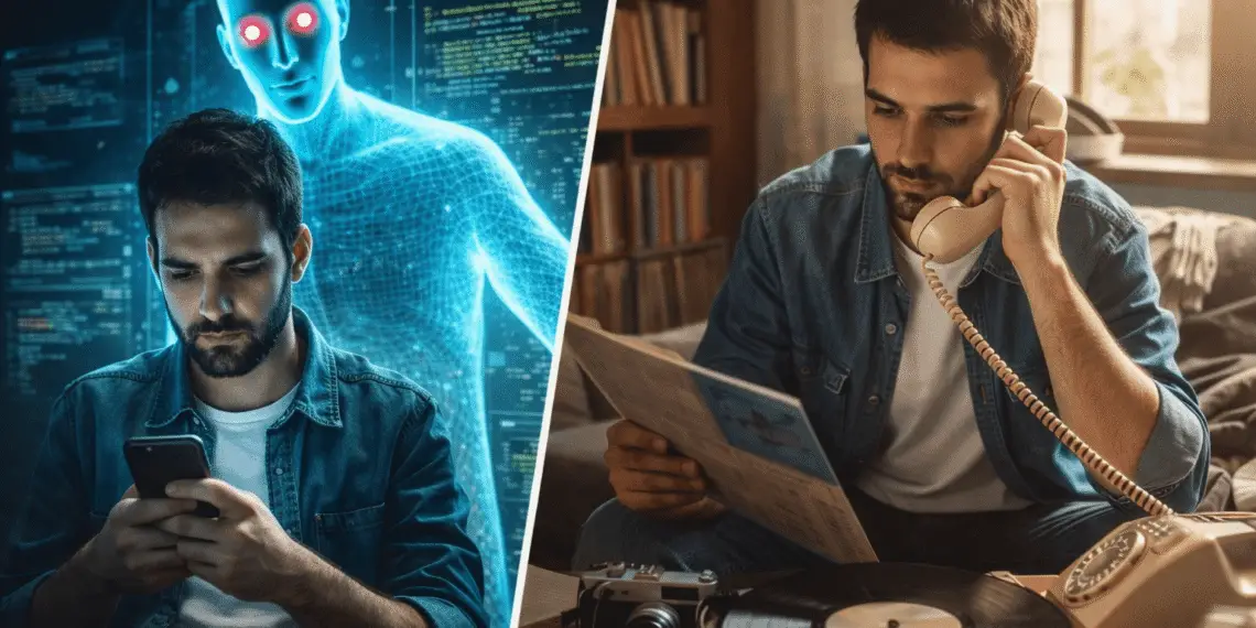 Joven de la Generación Z dividido entre el uso de chatbots de inteligencia artificial y tecnologías analógicas, reflejando el rechazo a la IA en 2026