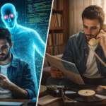 Joven de la Generación Z dividido entre el uso de chatbots de inteligencia artificial y tecnologías analógicas, reflejando el rechazo a la IA en 2026