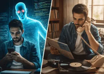 Joven de la Generación Z dividido entre el uso de chatbots de inteligencia artificial y tecnologías analógicas, reflejando el rechazo a la IA en 2026