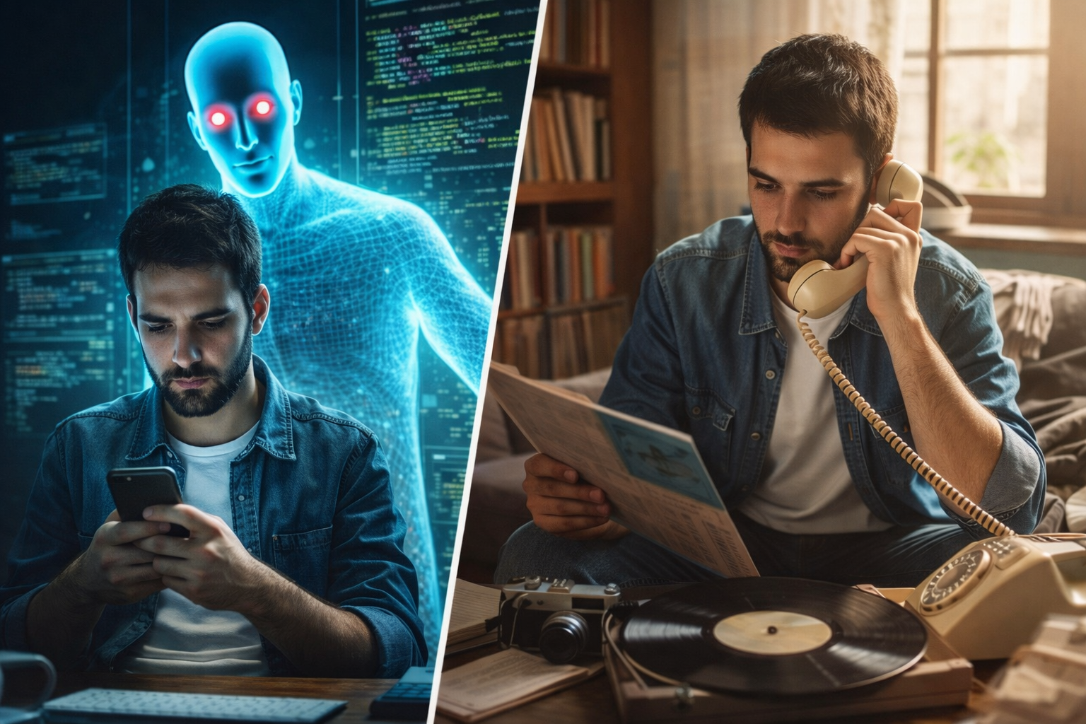 Joven de la Generación Z dividido entre el uso de chatbots de inteligencia artificial y tecnologías analógicas, reflejando el rechazo a la IA en 2026