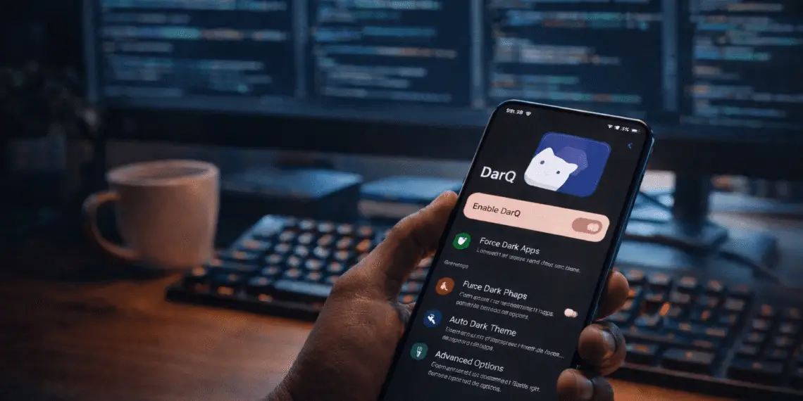 Smartphone Android mostrando una aplicación compatible con Shizuku en un entorno de trabajo con código y personalización avanzada del sistema
