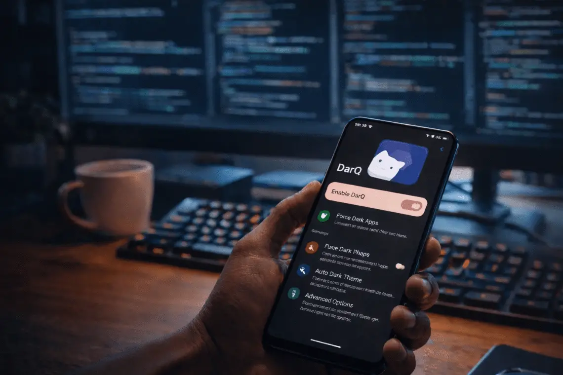 Mejores aplicaciones compatibles con Shizuku en 2026: Guía completa y configuración paso a paso 1 Smartphone Android mostrando una aplicación compatible con Shizuku en un entorno de trabajo con código y personalización avanzada del sistema