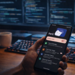 Smartphone Android mostrando una aplicación compatible con Shizuku en un entorno de trabajo con código y personalización avanzada del sistema