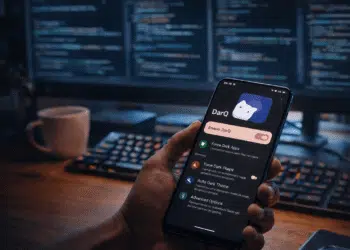 Smartphone Android mostrando una aplicación compatible con Shizuku en un entorno de trabajo con código y personalización avanzada del sistema