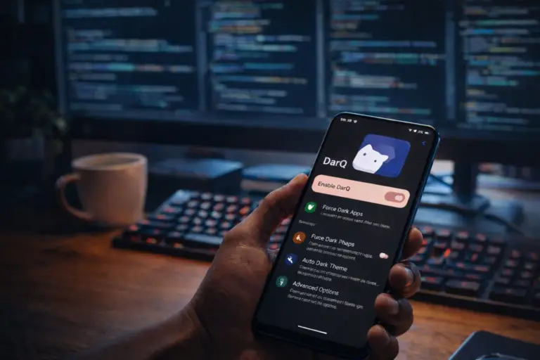 Smartphone Android mostrando una aplicación compatible con Shizuku en un entorno de trabajo con código y personalización avanzada del sistema