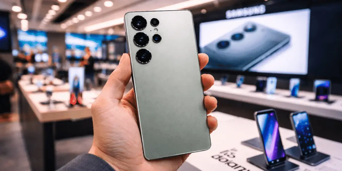 Smartphone Samsung Galaxy S26 mostrado en una tienda, destacando su diseño trasero y cámaras con inteligencia artificial en 2026