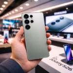 Smartphone Samsung Galaxy S26 mostrado en una tienda, destacando su diseño trasero y cámaras con inteligencia artificial en 2026