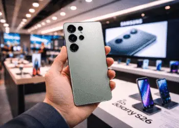 Smartphone Samsung Galaxy S26 mostrado en una tienda, destacando su diseño trasero y cámaras con inteligencia artificial en 2026