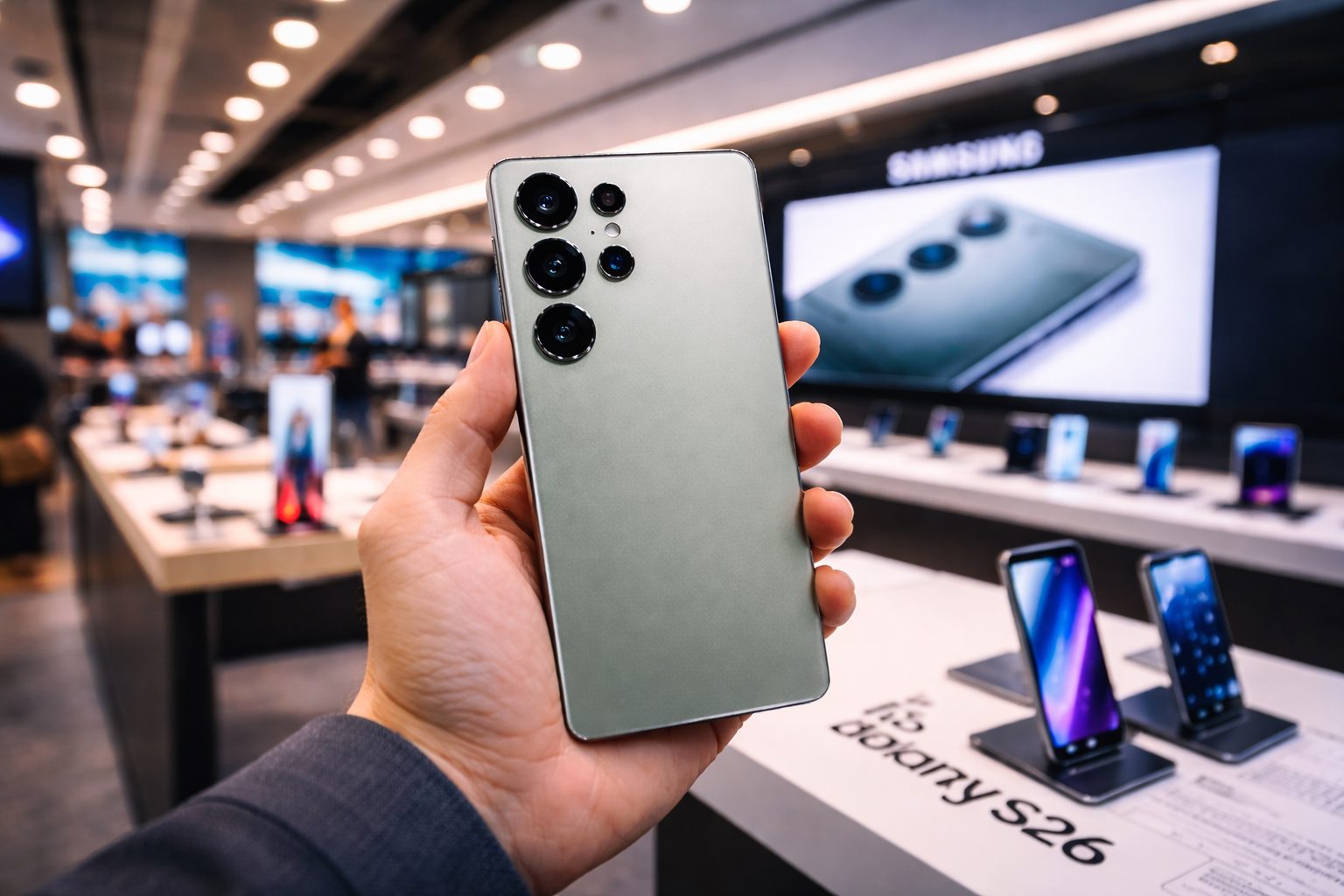 Todo sobre el Galaxy S26: Precios oficiales, cámaras con IA y qué modelo elegir en 2026 1 Smartphone Samsung Galaxy S26 mostrado en una tienda, destacando su diseño trasero y cámaras con inteligencia artificial en 2026