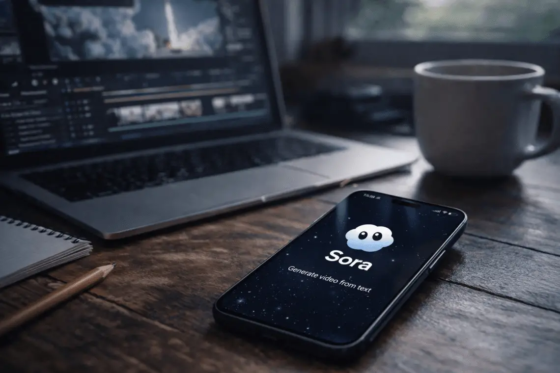 Aplicación Sora en un teléfono móvil mostrando la generación de videos con inteligencia artificial desde texto en 2026
