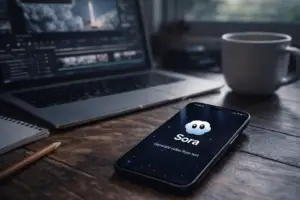 Aplicación Sora en un teléfono móvil mostrando la generación de videos con inteligencia artificial desde texto en 2026