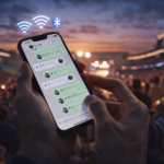 Persona usando WhatsApp Air-Chat para enviar mensajes sin internet mediante Bluetooth y Wi-Fi en un lugar con mucha gente