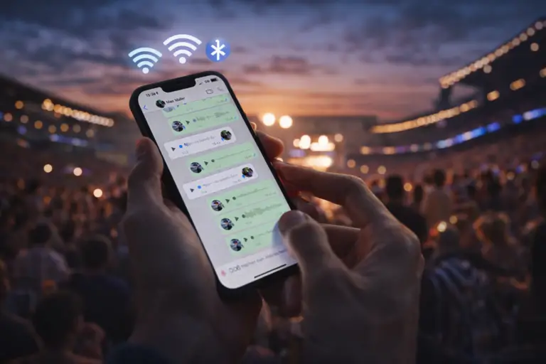 Persona usando WhatsApp Air-Chat para enviar mensajes sin internet mediante Bluetooth y Wi-Fi en un lugar con mucha gente
