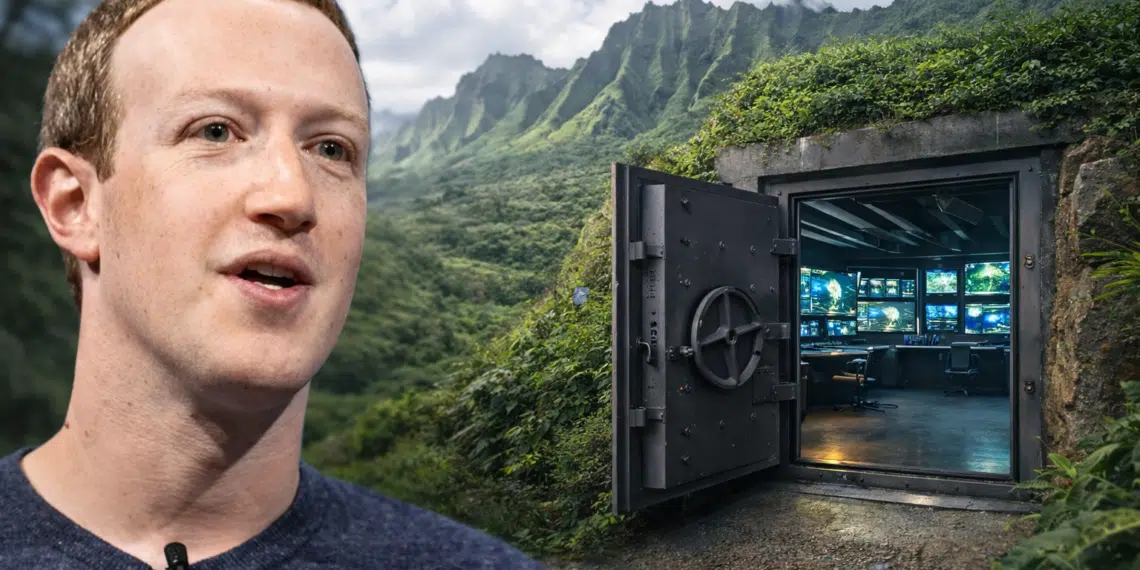 Empresario tecnológico frente a un complejo privado o Búnker de alta seguridad rodeado de naturaleza en Hawái