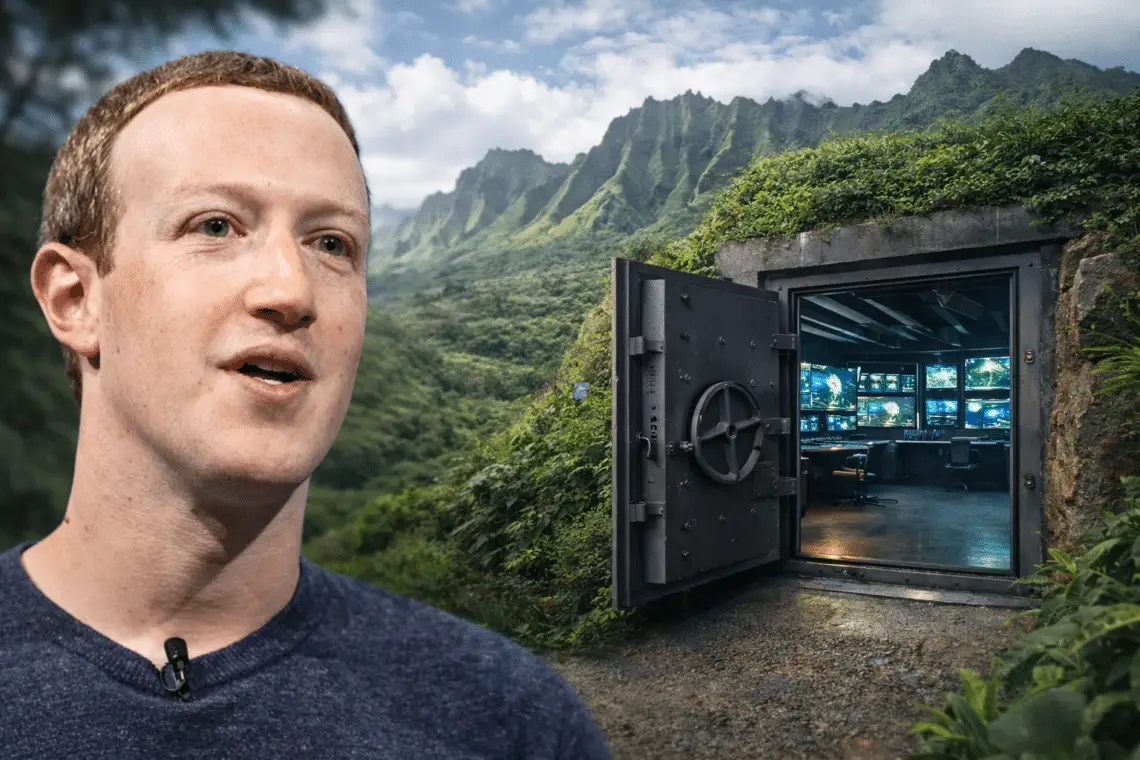 Empresario tecnológico frente a un complejo privado o Búnker de alta seguridad rodeado de naturaleza en Hawái