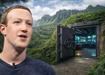 Empresario tecnológico frente a un complejo privado o Búnker de alta seguridad rodeado de naturaleza en Hawái