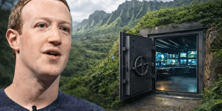 Empresario tecnológico frente a un complejo privado o Búnker de alta seguridad rodeado de naturaleza en Hawái