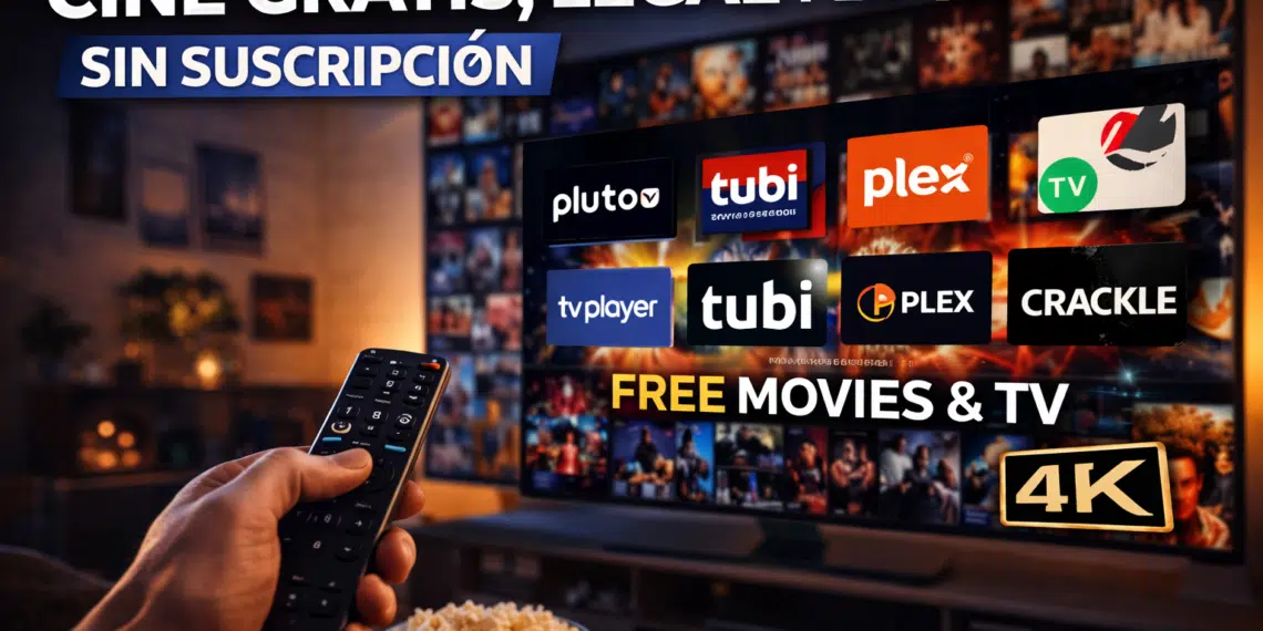 Televisor mostrando plataformas de cine gratis y legal en 4K sin suscripción como Pluto TV, Tubi y Plex