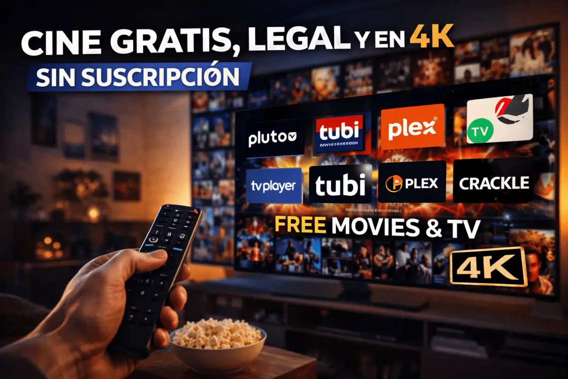 Televisor mostrando plataformas de cine gratis y legal en 4K sin suscripción como Pluto TV, Tubi y Plex