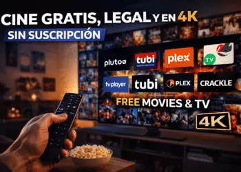 Televisor mostrando plataformas de cine gratis y legal en 4K sin suscripción como Pluto TV, Tubi y Plex