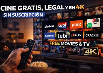 Televisor mostrando plataformas de cine gratis y legal en 4K sin suscripción como Pluto TV, Tubi y Plex