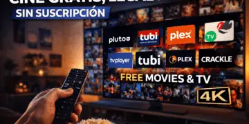 Televisor mostrando plataformas de cine gratis y legal en 4K sin suscripción como Pluto TV, Tubi y Plex