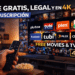 Televisor mostrando plataformas de cine gratis y legal en 4K sin suscripción como Pluto TV, Tubi y Plex