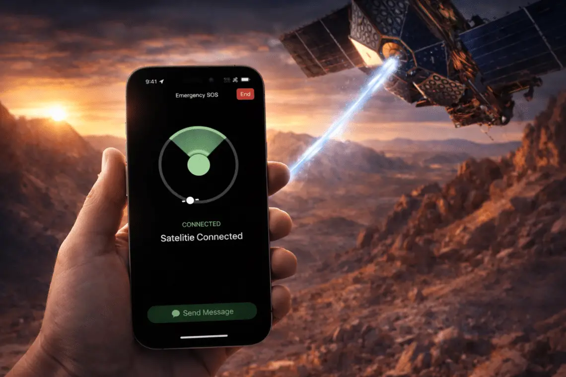 Smartphone 5G conectado a un satélite en tiempo real mostrando conexión satelital global sin zonas muertas