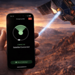 Smartphone 5G conectado a un satélite en tiempo real mostrando conexión satelital global sin zonas muertas