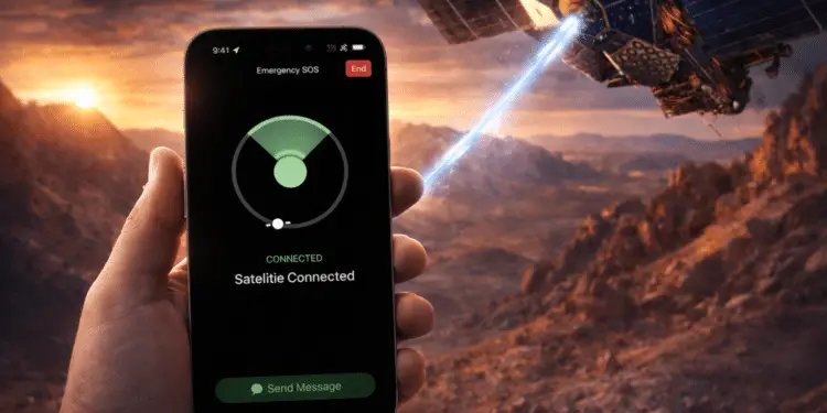 Smartphone 5G conectado a un satélite en tiempo real mostrando conexión satelital global sin zonas muertas