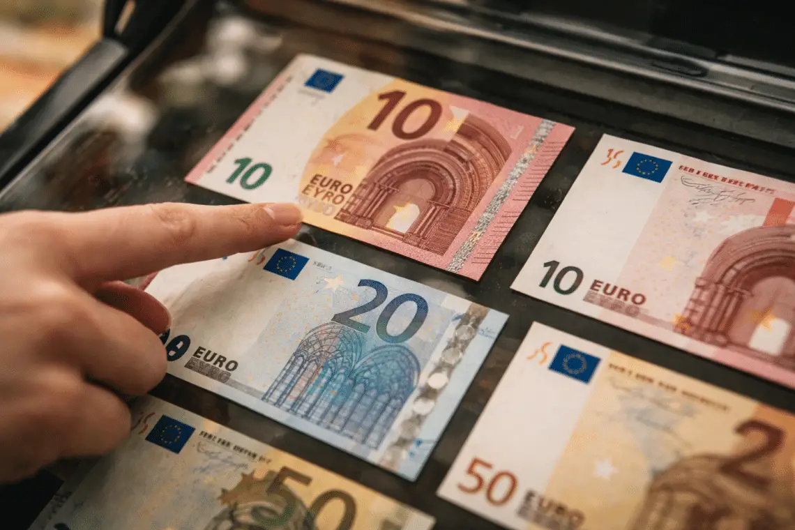 Dedo señalando un billete de 10 euros donde se aprecia la constelación de EURion, el patrón anti-copia.