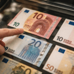 Dedo señalando un billete de 10 euros donde se aprecia la constelación de EURion, el patrón anti-copia.