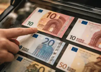 Dedo señalando un billete de 10 euros donde se aprecia la constelación de EURion, el patrón anti-copia.